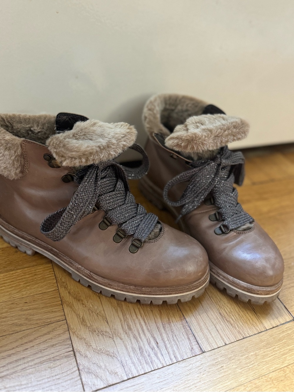 Agl Taupe Brown Lace-Up Faux-Fur Trim Hiking Boots